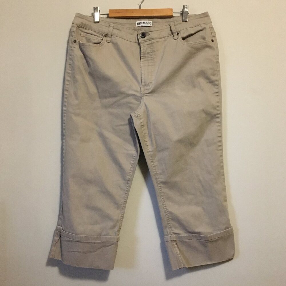 Jones & Co Oatmeal Beige Rolled Cuff Crop Capri Denim Pants Size 14